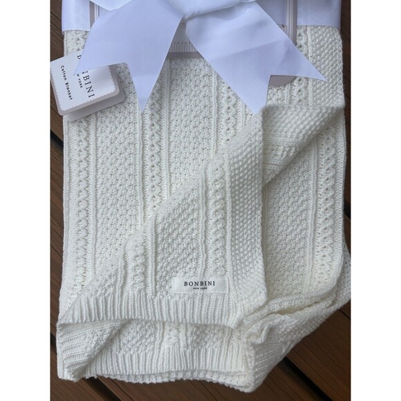 Bonbini Cotton Knit Baby Blanket Cream Ivory Infant Gender Neutral Pretty Gift - Picture 2 of 6